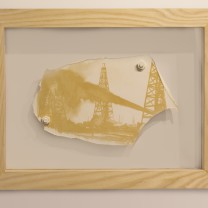 AAA_Spindletop Gusher, 1910, 2013. Spindletop crude oil and varnish on industrial floor paint with cast paint nuts and bolts. 39 x 51 x 6cm